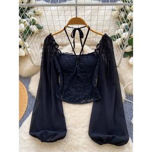 <span class=keywords><strong>Blusa</strong></span> Francesa de Moda Urbana con Cuello Cuadrado, Tirantes, Mangas Farol, Encaje y Parches, Camisa Corta Ajustada para Mujer - Product Image 3