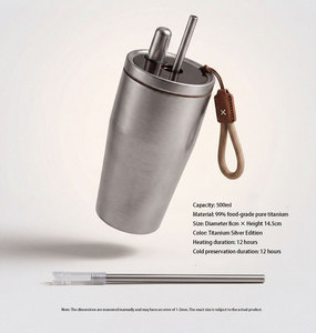 Tasse de voyage isotherme à double paroi en titane pur de qualité alimentaire 99 %, 500 ml, avec paille et cordon, maintien au chaud et au froid pendant 12h - Product Image 4