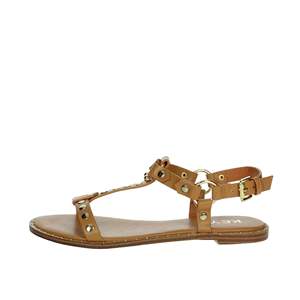 Sandali piatti da donna Keys K-10890 in pelle marrone chiaro con cinturino a T e chiusura con fibbia - Product Image 1