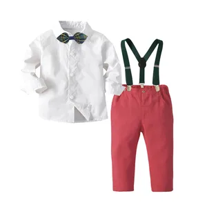 WSG137 Atasan Kaus + Celana Suspender Bayi Laki-laki, Pakaian Kaus Polos Dasi Kupu-kupu Mode Baru Musim Gugur