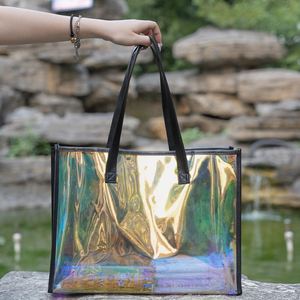 Bolsa de Cosméticos Transparente Iridiscente de PVC con Asa de PU Holográfica, Logotipo Personalizado Impreso, Bolsa de Regalo Reutilizable - Product Image 3