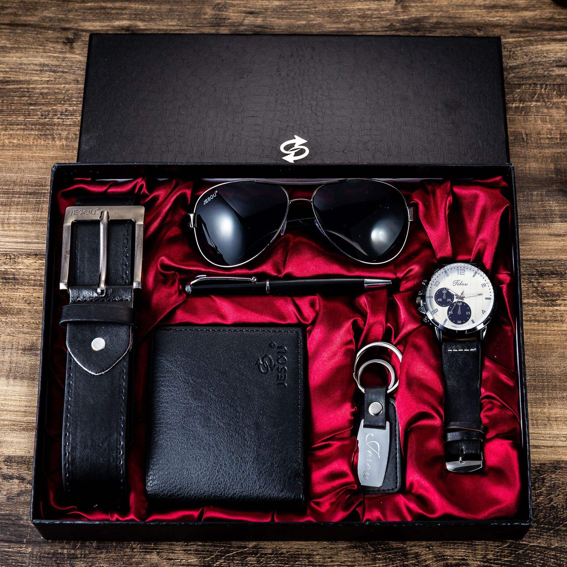 6pcs Men's Gift Set Brown Leather Belt Wallet Watch Set Glasses Keychain  Ballpoint Pen Anniversary Birthday Gifts for Men