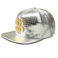Gorra de Béisbol de Cuero PU con Logotipo Dorado Metálico, Casual, Unisex, con Hebilla de Cinturón, Estilo Hip Hop Rap, 5 Paneles, Gorra de Sol con Cierre a Presión para Hombre y Mujer