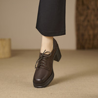 Escarpins vintage marron patchwork de haute qualité pour femmes, nouvelle collection automne 2026, chaussures à talons épais et lacets croisés pour dames