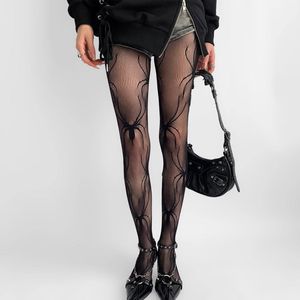Gray Fishnet Stockings With Spider Pattern Thin Transparent Women's Leggings For Youth 18-40 Years Old - Product Image 3