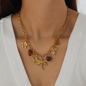 Collana con Ciondolo in Acciaio Inossidabile con Pietra Marrone, Libellula, Fiore, Cuore, Placcata Oro, Gioielli alla Moda Anti-Appannamento - Product Image 2