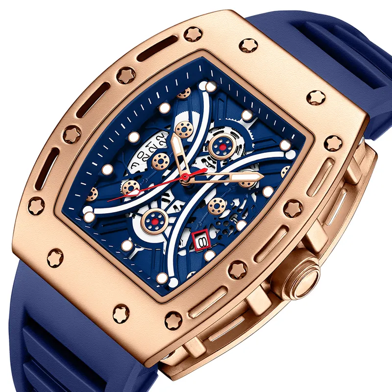 Hoge Kwaliteit Heren Horloge Populaire Sport Waterdichte Quartz Lichtgevend Horloge Vat Gebogen Spiegel Holle Out Sport Horloge
