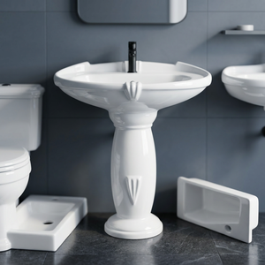 Lavabo ovale en céramique avec piédestal intégral, résistant à l'eau, articles sanitaires pour hôpital, centre commercial, villa, salle de bain - Product Image 5