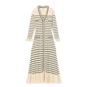 Bettergirl 24 autumn New French lazy style striped knitted dress V-neck slim fit Medium-length dress