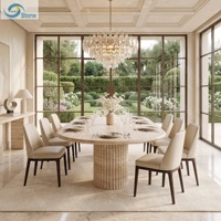 Mesa de Comedor Ovalada Moderna de Travertino Natural con Base de Pedestal Acanalado, Muebles de Piedra de Lujo para Hotel o Villa, Personalizables