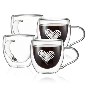 CnGlass Microwave Safe Borosilicate Glass Coffee Mug Heat Resistant Espresso Glass Cup Double Layer Glass Coffee Cup