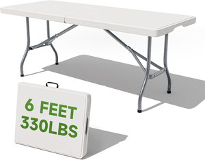 Heavy Duty 6 Foot <b>Folding</b> <b>Table</b> 330LBS Capacity Sturdy Safety Lock Portable <b>Table</b> For Camping Wedding Party Indoor <b>Outdoor</b> Use - Product Image 1