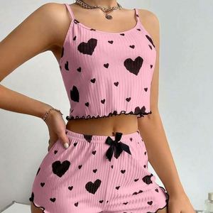 New Style Sweet Lace Elastic Waist Summer Front Logo Heart Print Women's Nightie Sleepwear <b>Sets</b> Home Wear Pajamas Shorts - Product Image 2