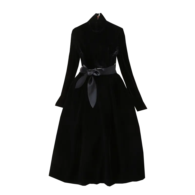 Top Quality Party Gown Dress 2021 Autumn Winter Evening Women Turtleneck Ribbon Belt Long Sleeve Black Velvet Dress Princess