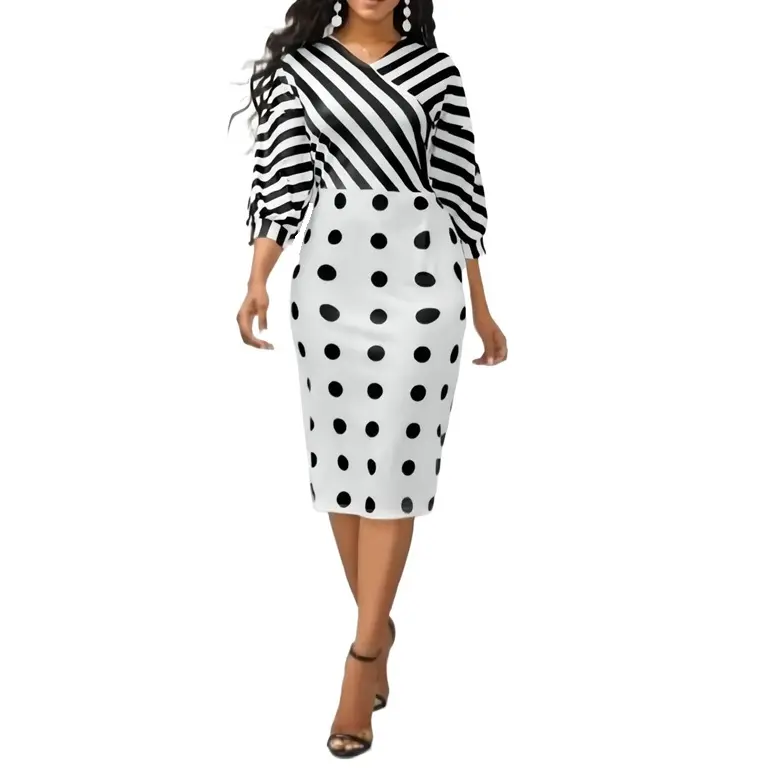Wholesale Classic Slim Ladies Office Black White Striped Polka Dot Midi Dresses For Women