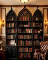 Ensemble bibliothèque gothique en bois massif noir, style vintage, avec bureau d'écriture et fauteuil en cuir