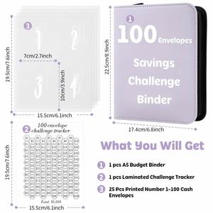Carpeta Espiral de Cuero para Ahorro de Dinero, 100 Sobres para Ahorro, Desafío de Ahorro, Libro Morado con Cierre para Ahorrar $5,050 - Product Image 2