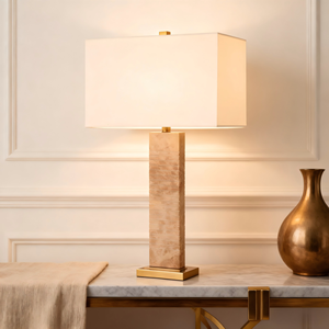 Роскошная современная электрическая настольная лампа с тканевым абажуром, мраморным основанием, кнопочным выключателем, цоколем B22/E26, регулируемой яркостью, питанием от сети переменного тока, для домашнего декора - Product Image 1