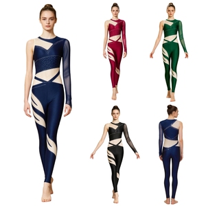 Combinaison moulante professionnelle pour femme à manches longues avec insert en maille transparente, idéale pour la gymnastique rythmique sur mesure - Product Image 1