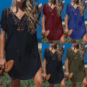 Robe décontractée d'été en viscose tendance, grande taille, unie, avec dentelle, respirante, col en V, mi-longue, coupe ample, pour les <span class=keywords><strong>vacances</strong></span> - Product Image 2