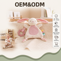 Doudou Lapin en Mousseline Douce avec Anneau de Dentition, Non Toxique, Sans BPA, en Silicone de Qualité Alimentaire, Couverture de Sécurité, Cadeau 0-6-12 Mois