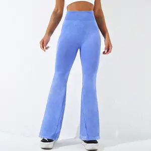 Nova Primavera Ácido Wash cintura alta das mulheres Scrunch Butt Bell-bottom Flared Yoga Calças Seamless Bootleg Ginásio Leggings