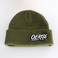Bonnet en tricot gaufré vert armée personnalisé, bonnet d'hiver épais à revers pour l'extérieur, avec patch logo brodé, unisexe, OEM