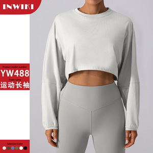 Inwiki Crop Top Femme Manches Longues Respirant Col Rond pour Yoga, Course et Fitness, en Spandex/Nylon, Coupe Ample - Product Image 3