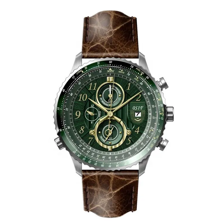 Custom logo Miyota 0S1F japan movement stainless steel watch with crocodile pattern genuine leather straps