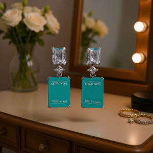 Esodu Ntze Pendientes clásicos con circonita azul, corte princesa, aleación geométrica, joyería para mujer - Product Image 2