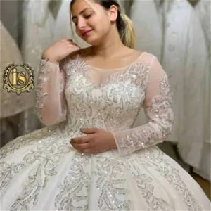 Precio de fábrica Luz de lujo Senior de vestido de novia europeo y americano Perla Encaje Lentejuelas Pompadour Falda Línea Estilo Manga larga - Product Image 1