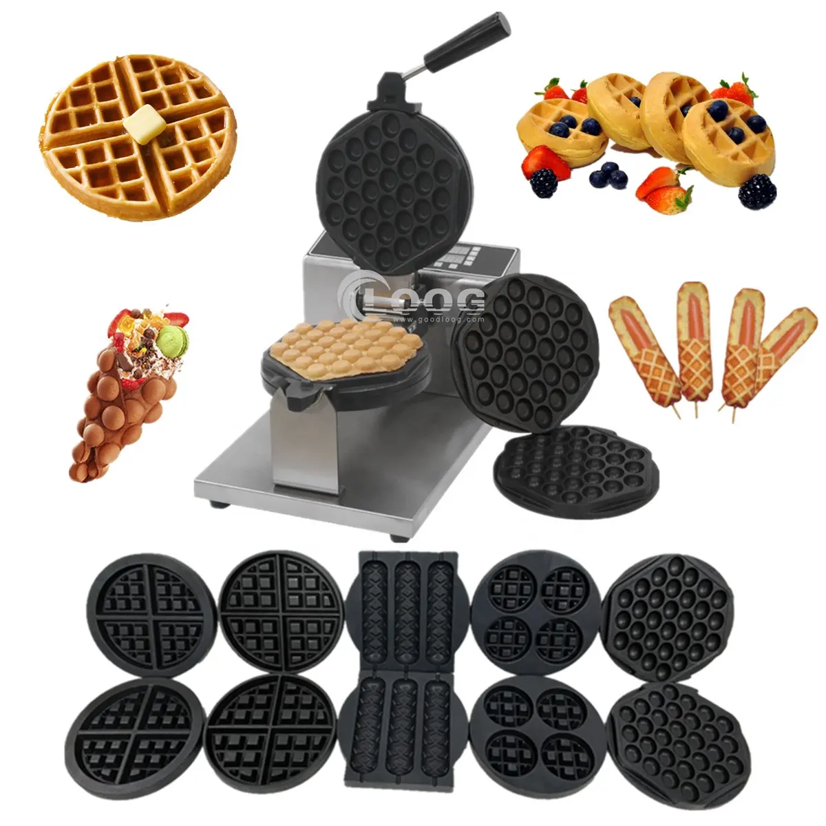 Wholesale Digital Nonstick Rotating Waffle Maker Price 110V 220V Electric Commercial Changeable Plate Egg Bubble Waffle Machine