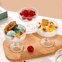 Vintage glazen dessertbeker met steel, 200ml, gegraveerd, voor ijs, yoghurt, pudding, fruitsalade, groothandel