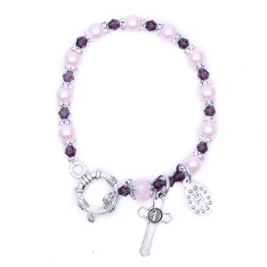 Katolik Tespih Bilekliği Pembe İnci Mor Kristal Bileklik Bakire Madalyonlu Haç Charm Dini Takı - Product Image 3