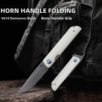 Couteau de poche pliable d'autodéfense avec lame en acier Damas et manche en os pour la chasse, le camping et l'EDC