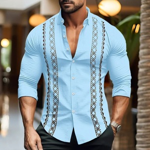 Chemise décontractée à manches longues pour <span class=keywords><strong>homme</strong></span>, style rétro médiéval des années 80, chemise hawaïenne à rayures avec revers, haut imprimé tendance à boutons - Product Image 5