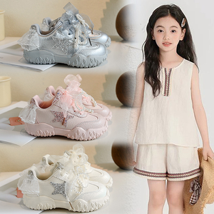 Zapatos Deportivos para Niñas con Cuero PU y Cordones de Encaje para Otoño, Nuevos Zapatos Casuales de Moda con Lazo de Perlas - Product Image 1