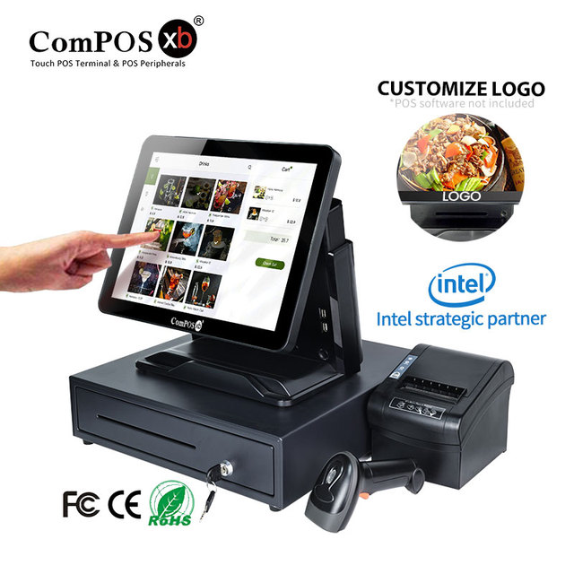 ComPOSxb POS1618P 15 Inch TFT LCD POS Terminal All in One POS Systems Fanless CPU Cash Register Drawer Printer WiFi/Bluetooth