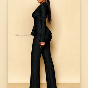 Women's Summer New Arrival: Waist-Defining, Slimming Solid-Color Long-Sleeve Top and <b>Pants</b> Casual 2-Piece Set Fashion - Product Image 5