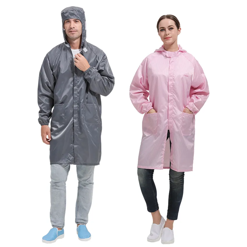 ESD mantel bertudung uniseks, pakaian Lab keselamatan ruang pembersih Anti statis untuk ruang pembersih