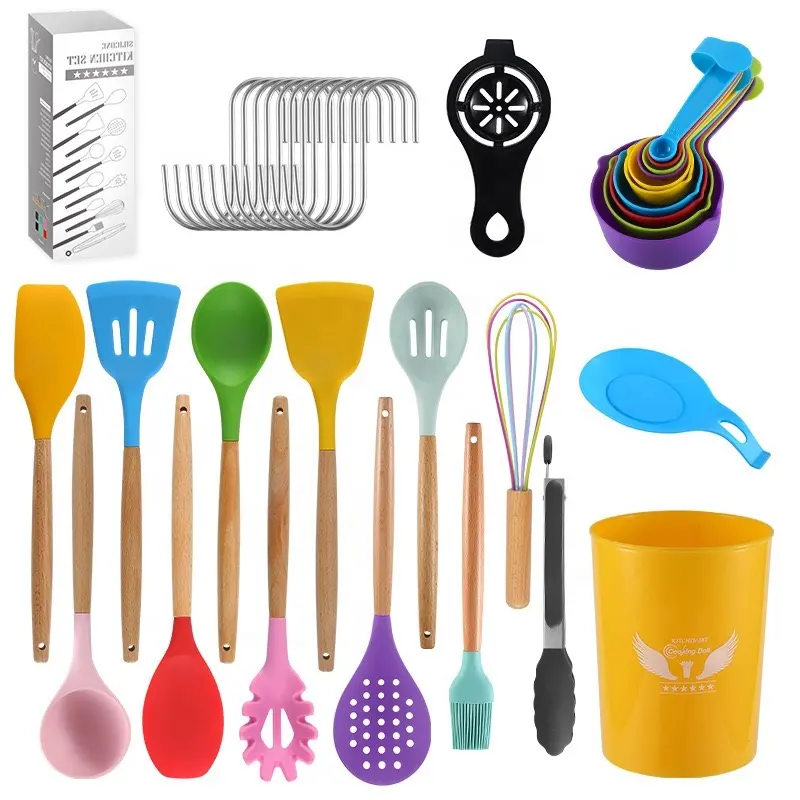 New Arrival 12 / 38 Piece Colorful Kitchen Accessories Set Silicone Tools Utensils With Holder Tools Kitchenware Cooking Set