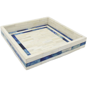 Bandeja de Servir Cuadrada Decorativa Hecha a Mano con Incrustaciones de Hueso Estilo Art Deco de Maximus International, Borde Azul, Decoración de Exhibición de Varias Piezas - Product Image 1