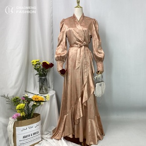 6572# 5 Colors Satin Floral Printed <b>Maxi</b> Dress Long Sleeve Wrap Dresses With Side Ruffles Turkey Islamic Arab Muslim Robe Longue - Product Image 1