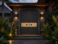 Porte d'entrée double grand format en aluminium moulé haut de gamme, motif géométrique japonais zen moderne, isolation thermique, projet exclusif