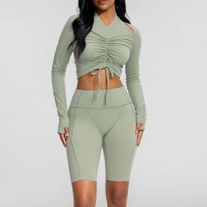 Conjunto Deportivo de Yoga y Pilates para Mujer, Top Corto con Mangas Largas y Cordón Ajustable, Pantalones Cortos Plisados, Spandex/Nylon - Product Image 4