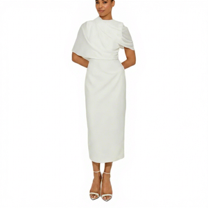 Vestido largo casual con cuello redondo y drapeado, tejido liso - Product Image 1