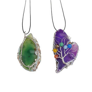 Kalung liontin batu akik alami manik-manik warna-warni pohon kehidupan buatan tangan sutra campuran perhiasan - Product Image 4