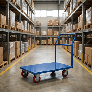 Chariot à plateforme en acier bleu avec quatre roues rouges, chariot industriel durable, surface thermolaquée, capacité de 350 kg, OEM - Product Image 2
