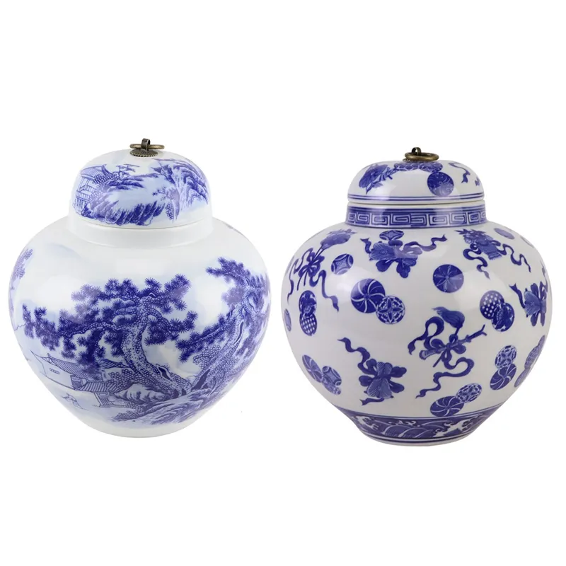 RYCI51-A-B Porcelana azul e branca Paisagem Lion Pattern Ceramic Pot Pearl Altar Jars