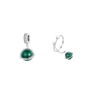 925 Sterling Silver Fashion Jewelry Sets Fine Jewelry Making Custom Natural Malachite Hanging Beads Charms Open Ring Jewelry Set
